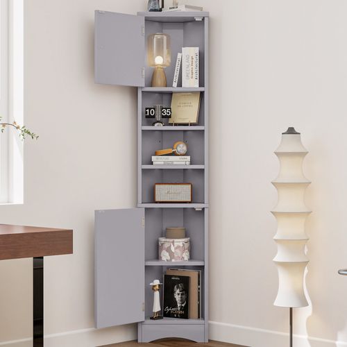 Meuble De Salle De Bain 2 Portes 3 Compartiments Ouverts Avec Étagères Réglables, Mdf, Gris