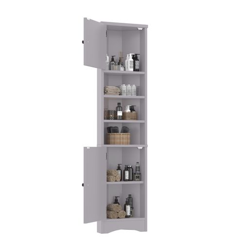 Meuble De Salle De Bain 2 Portes 3 Compartiments Ouverts Avec Étagères Réglables, Mdf, Gris