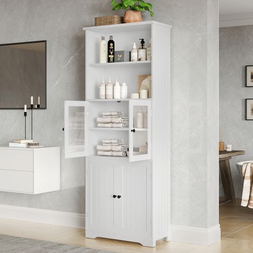 Meuble De Salle De Bain 4 Portes 2 Étagères Ouvertes, Mdf Anti-humidité, Blanc
