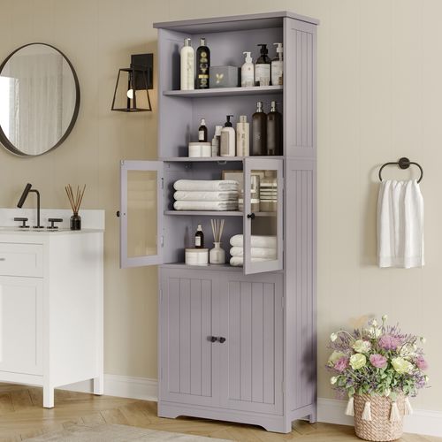 Meuble De Salle De Bain 4 Portes 2 Étagères Ouvertes, Mdf Anti-humidité, Gris
