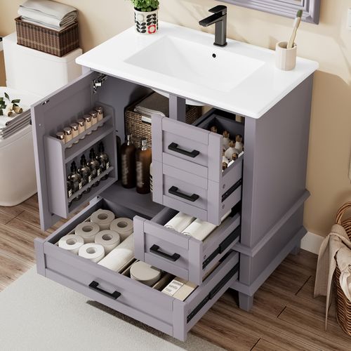 Meuble De Salle De Bain 3 Portes 1 Tiroir Silencieux Avec Lavabo Encastré, Mdf Et Pin Laqué, Gris