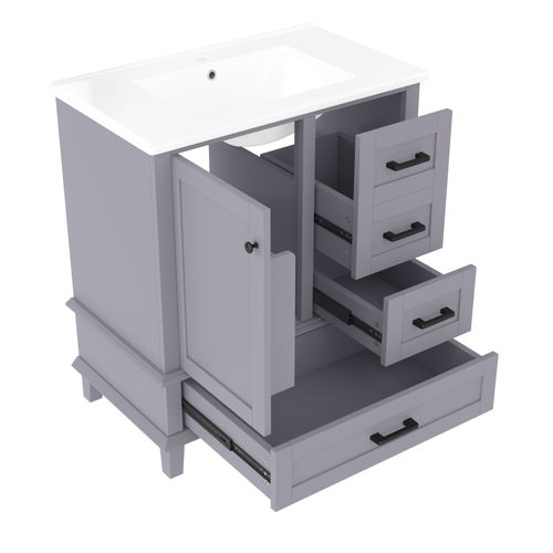 Meuble De Salle De Bain 3 Portes 1 Tiroir Silencieux Avec Lavabo Encastré, Mdf Et Pin Laqué, Gris