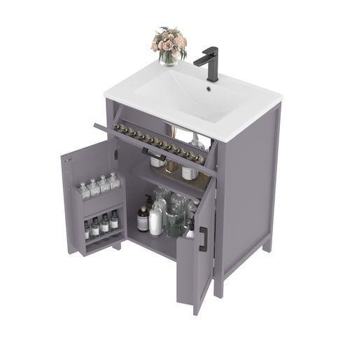 Meuble De Salle De Bain 2 Portes 1 Tiroir Avec Lavabo Encastré, Gris