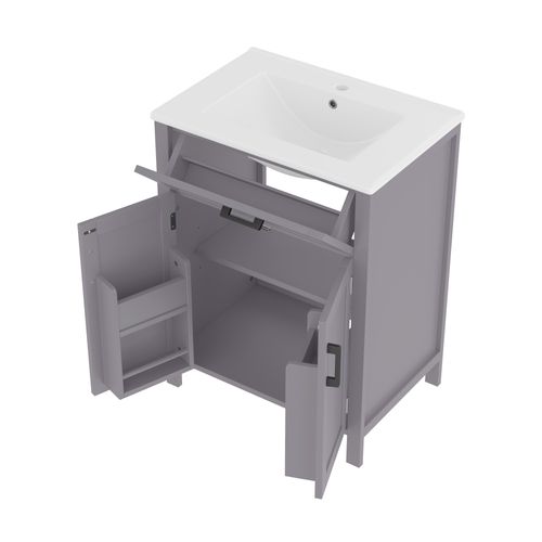 Meuble De Salle De Bain 2 Portes 1 Tiroir Avec Lavabo Encastré, Gris