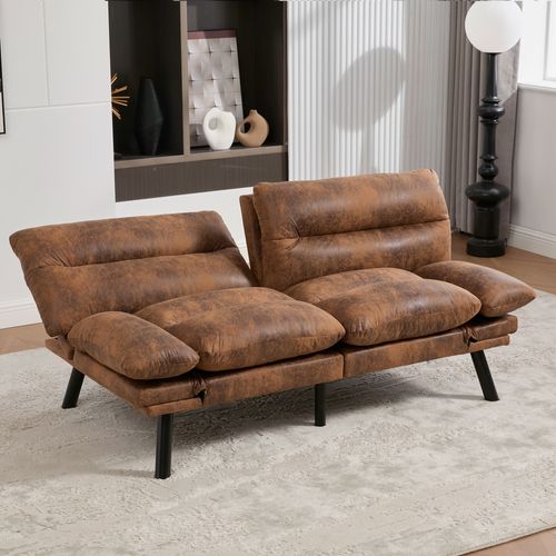 Canapé 2 Places - Dossier Réglable - Accoudoirs Confortables - Tissu Chenille - Métal - Café