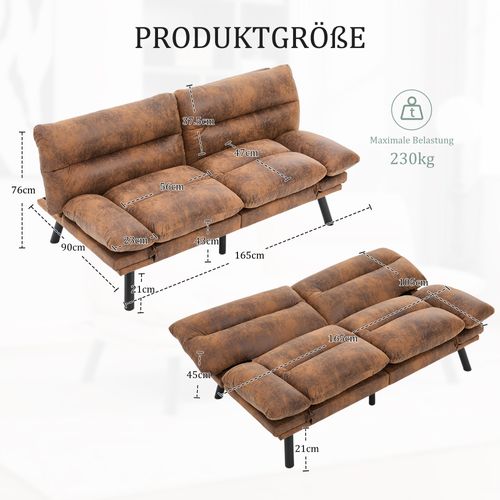 Canapé 2 Places - Dossier Réglable - Accoudoirs Confortables - Tissu Chenille - Métal - Café