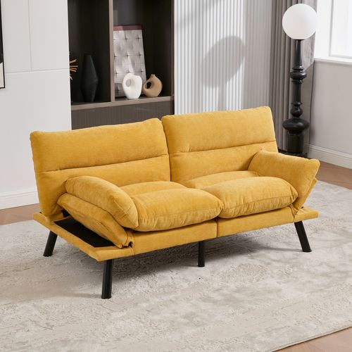 Canapé 2 Places - Dossier Réglable - Accoudoirs Confortables - Tissu Chenille - Métal - Jaune