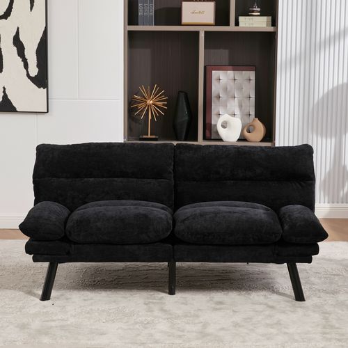 Canapé 2 Places - Dossier Réglable - Accoudoirs Confortables - Tissu Chenille - Métal - Noir