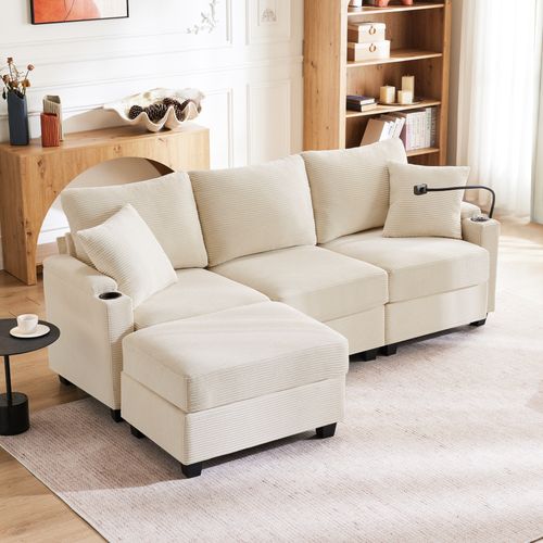 Canapé L 3 Places - Méridienne - Pouf - Port USB - Velours Côtelé - Beige