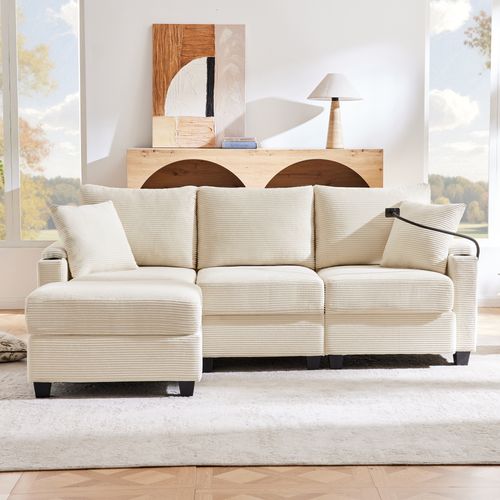 Canapé L 3 Places - Méridienne - Pouf - Port USB - Velours Côtelé - Beige