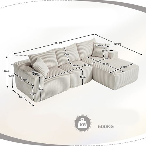 Canapé D'angle Modulable - Méridienne 2 Places - Velours Côtelé - Poches - 5 Coussins - Beige
