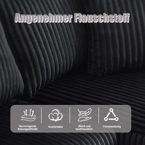 Canapé D'angle Modulable - Méridienne 2 Places - Velours Côtelé - Poches - 5 Coussins - Noir