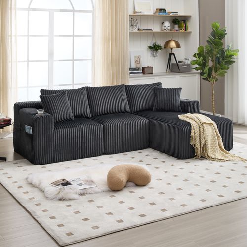 Canapé D'angle Modulable - Méridienne 2 Places - Velours Côtelé - Poches - 5 Coussins - Gris