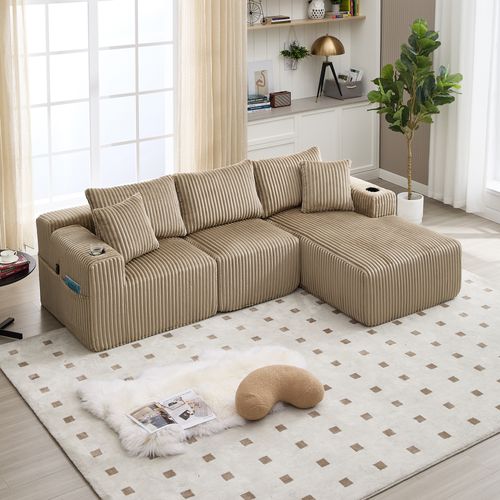 Canapé D'angle Modulable - Méridienne 2 Places - Velours Côtelé - Poches - 5 Coussins - Kaki