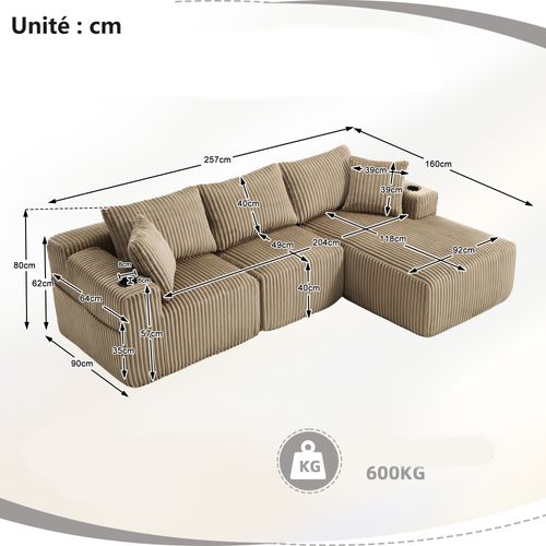 Canapé D'angle Modulable - Méridienne 2 Places - Velours Côtelé - Poches - 5 Coussins - Kaki