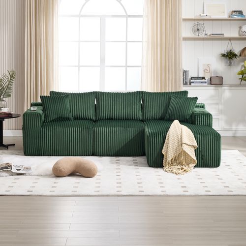 Canapé D'angle Modulable - Méridienne 2 Places - Velours Côtelé - Poches - 5 Coussins - Vert