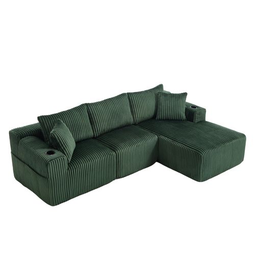 Canapé D'angle Modulable - Méridienne 2 Places - Velours Côtelé - Poches - 5 Coussins - Vert