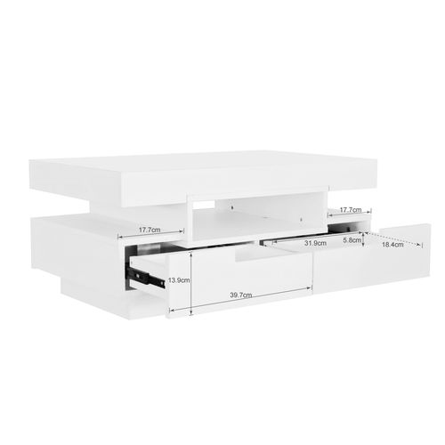 Table Basse 80x50x36 Cm, Table Rectangulaire, LED, Tiroirs, Compartiment Ouvert, Aggloméré, Blanc