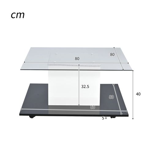 Table Basse Carrée 80×80×40 Cm En Verre Brillant, Avec LED, Roulettes, Aggloméré, Blanc Et Noir