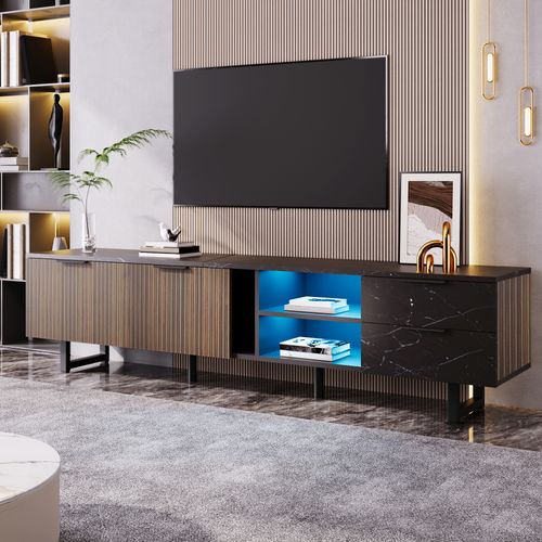 Meuble TV Bas 200x38x50 Cm, Avec LED, 2 Tiroirs, 2 Portes, Étagères, Aspect Marbre Noir, Mdf