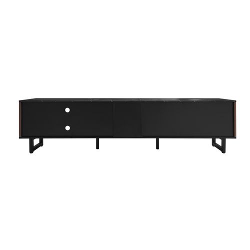 Meuble TV Bas 200x38x50 Cm, Avec LED, 2 Tiroirs, 2 Portes, Étagères, Aspect Marbre Noir, Mdf