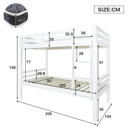 Lit Superposé Enfant 90x200 Cm, Garde-corps, Sommiers, Lit Divisé En 2 Lits Simples, Pin, Blanc