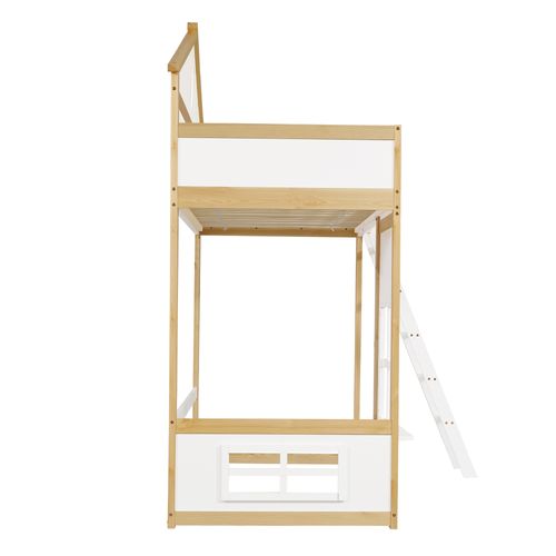 Lit Superposé Enfant 90x200 Cm, Garde-corps, Forme De Maison, Un Seul Sommier, Pin, Blanc+naturel