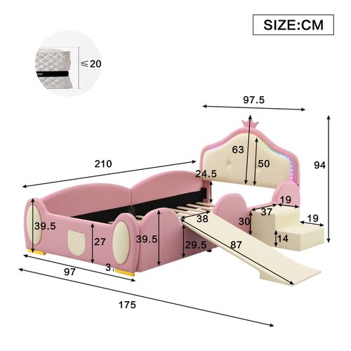 Lit Enfant 90x200 Cm, LED, Forme De Couronne, Petit Toboggan Et Escalier, Sommier, Pu, Rose+beige