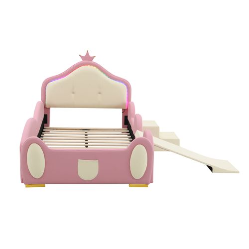 Lit Enfant 90x200 Cm, LED, Forme De Couronne, Petit Toboggan Et Escalier, Sommier, Pu, Rose+beige
