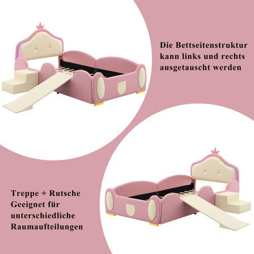 Lit Enfant 90x200 Cm, LED, Forme De Couronne, Petit Toboggan Et Escalier, Sommier, Pu, Rose+beige