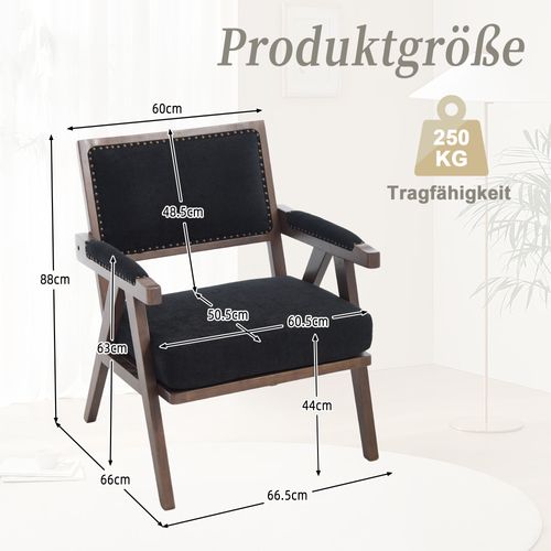 Fauteuil Vintage 66.5x66x88 Cm, Structure En Bois, Coussin D'assise Épais, Tissu En Lin Noir