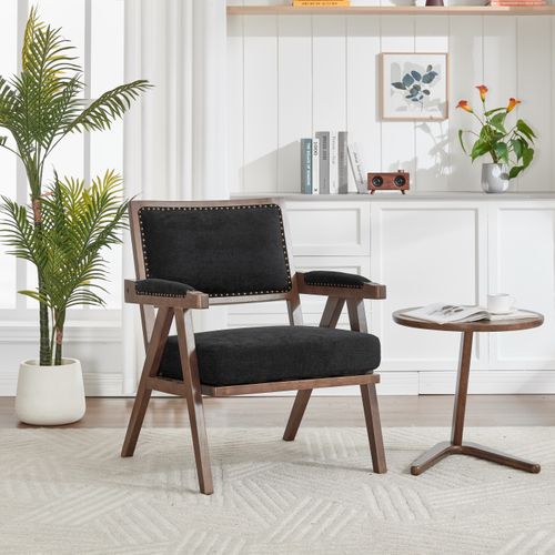 Fauteuil Vintage 66.5x66x88 Cm, Structure En Bois, Coussin D'assise Épais, Tissu En Lin Noir