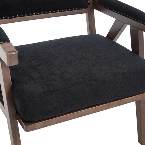 Fauteuil Vintage 66.5x66x88 Cm, Structure En Bois, Coussin D'assise Épais, Tissu En Lin Noir