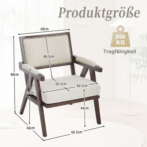 Fauteuil Vintage 66.5x66x88 Cm, Structure En Bois, Coussin D'assise Épais, Tissu En Lin Beige