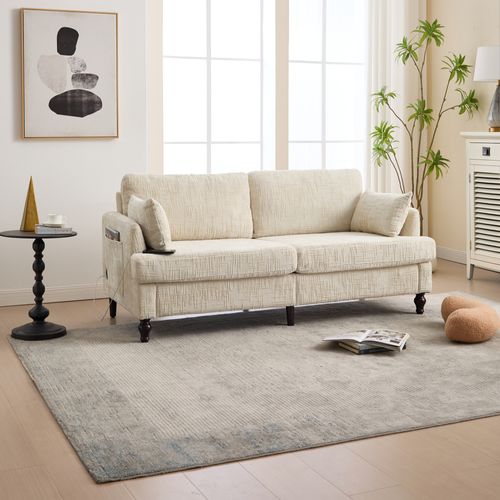 Canapé 2 Places 175x83x78 Cm Avec LED, USB, Poches De Rangement, Pieds En Bois, Chenille Beige