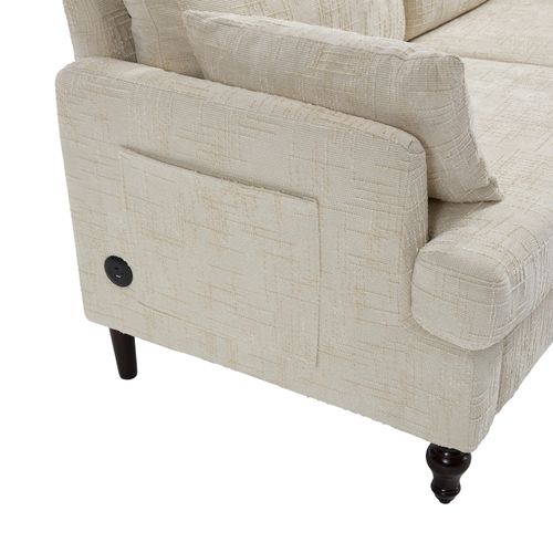 Canapé 2 Places 175x83x78 Cm Avec LED, USB, Poches De Rangement, Pieds En Bois, Chenille Beige