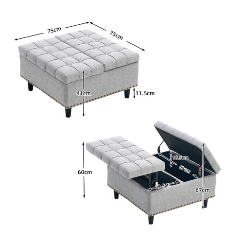 Banc Coffre 75x75x41 Cm, Coussin D'assise S'ouvrant Des 2 Côtés, Tissu En Lin Gris