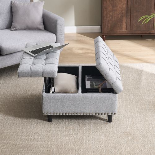 Banc Coffre 75x75x41 Cm, Coussin D'assise S'ouvrant Des 2 Côtés, Tissu En Lin Gris