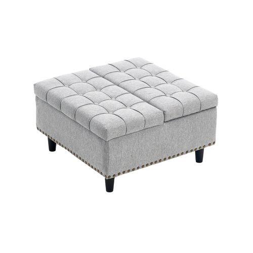 Banc Coffre 75x75x41 Cm, Coussin D'assise S'ouvrant Des 2 Côtés, Tissu En Lin Gris