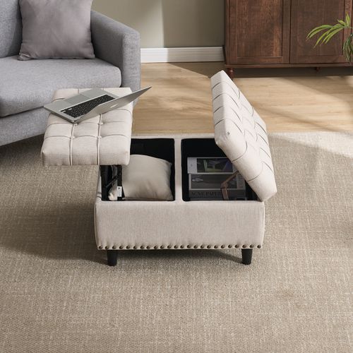 Banc Coffre 75x75x41 Cm, Coussin D'assise S'ouvrant Des 2 Côtés, Tissu En Lin Beige