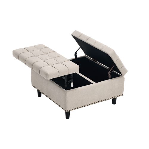 Banc Coffre 75x75x41 Cm, Coussin D'assise S'ouvrant Des 2 Côtés, Tissu En Lin Beige