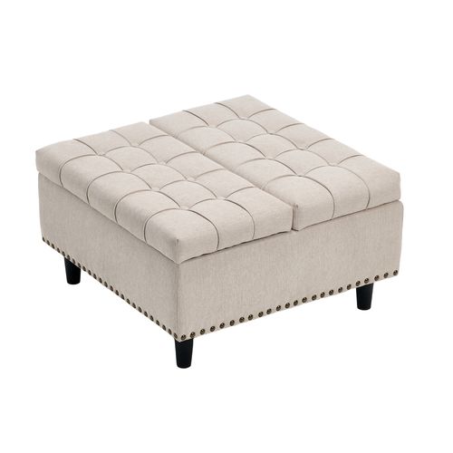 Banc Coffre 75x75x41 Cm, Coussin D'assise S'ouvrant Des 2 Côtés, Tissu En Lin Beige
