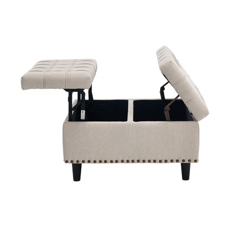 Banc Coffre 75x75x41 Cm, Coussin D'assise S'ouvrant Des 2 Côtés, Tissu En Lin Beige