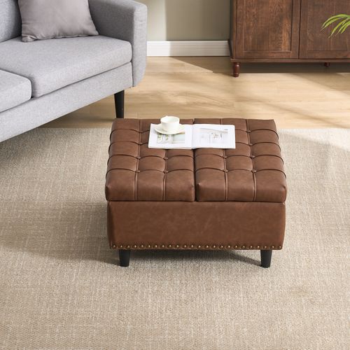 Banc Coffre 75x75x41 Cm, Coussin D'assise S'ouvrant Des 2 Côtés, Tissu En Pu Brun