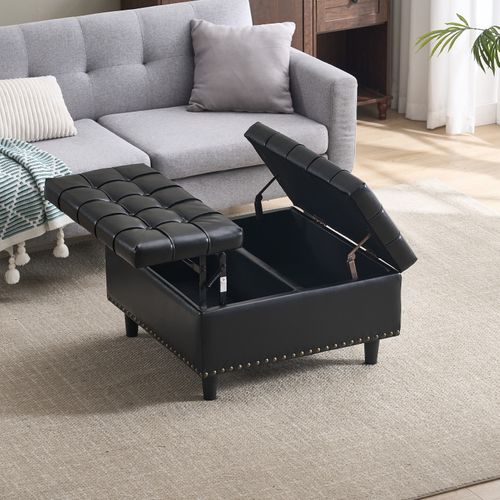 Banc Coffre 75x75x41 Cm, Coussin D'assise S'ouvrant Des 2 Côtés, Tissu En Pu Noir