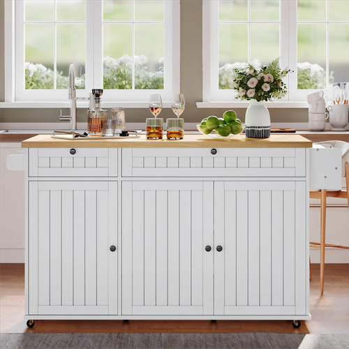 Îlot De Cuisine 137x89,5x70 Cm, Plan De Travail Rabattable, Étagères, 2 Tiroirs, 3 Portes, Blanc