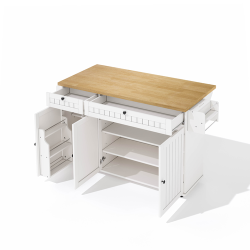 Îlot De Cuisine 137x89,5x70 Cm, Plan De Travail Rabattable, Étagères, 2 Tiroirs, 3 Portes, Blanc