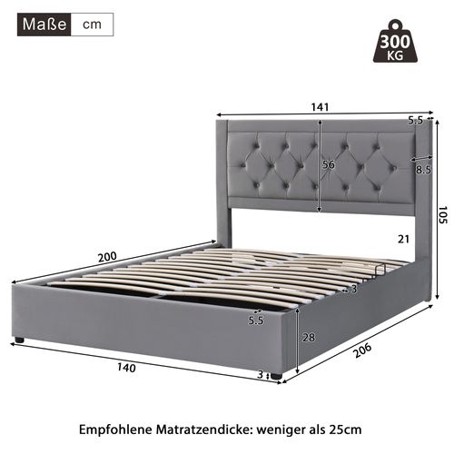 Lit Double Lit Coffre 140x200 Cm, Avec Tête De Lit, Structure En Acier, Velours Gris