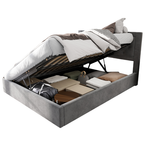 Lit Double Lit Coffre 140x200 Cm, Avec Tête De Lit, Structure En Acier, Velours Gris