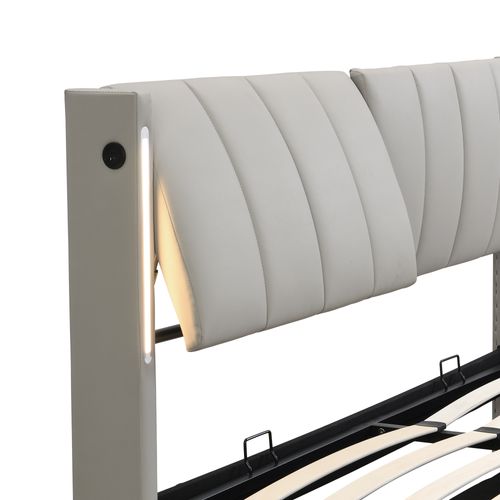 Lit Double, Lit coffre 140x200 cm Avec USB, Éclairage LED Et Tête De Lit Réglable, Pu Gris
